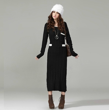 2015韩版新款毛衣连衣裙修身显瘦长款长袖圆领毛衣裙女
