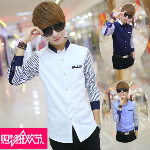 拼接衬衫男士长袖搭配小西装休闲法式衬衣发型师寸衫修身韩版青年