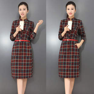 2015秋装新款韩版女装立领修身显瘦气质长袖格子连衣裙长裙打底裙
