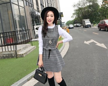 2015秋季新款圆领套头韩版聚酯纤维长袖格子修身时尚低腰连衣裙
