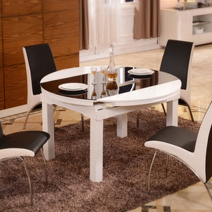伸缩圆桌 钢化玻璃实木简约现代可折叠客厅家具餐桌椅组合包邮