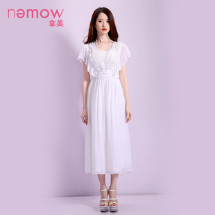 Nemow/拿美南梦 2016夏季专柜新款荷叶袖V领高腰无袖连衣裙A6K145