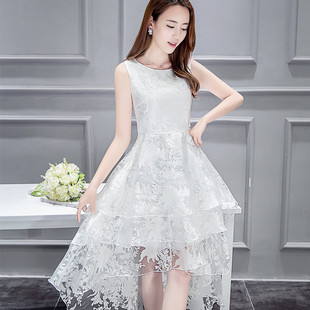 2016夏季新款韩版小清新短袖白色蕾丝连衣裙女中长款镂空中裙显瘦