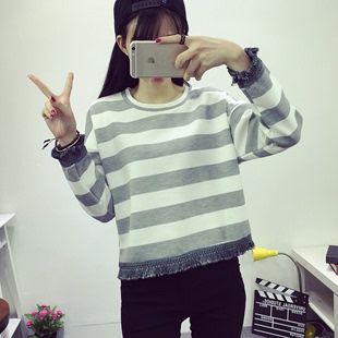 2015秋装新款韩版宽松针织纯棉条纹长袖T恤女短款学生上衣打底衫
