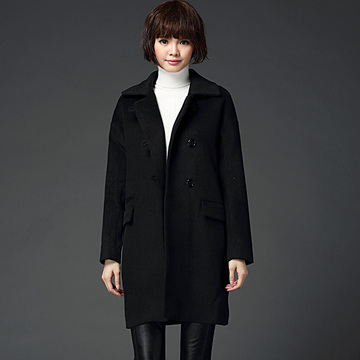 15年冬季韩版新女式中长款纯羊毛双面呢大衣加厚修身百搭翻领外套