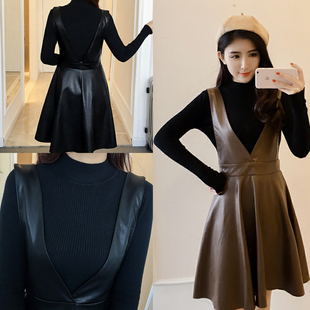蘑菇街女装2016秋装韩国修身黑色长袖针织衫上衣收腰背带皮裙套装