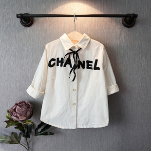 2015春季新款韩版 童装女童男童系带字母百搭长袖衬衫上衣