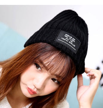 韩国贴标帽子男女士潮秋季冬天情侣加厚毛线帽针织帽套头帽 包邮