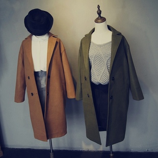 2015秋冬装新款女装韩版双排扣呢子大衣女修身中长款宽松毛呢外套