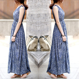 蓝色吊带修身长裙波西米亚沙滩裙收腰显瘦韩版印花连衣裙2015夏季