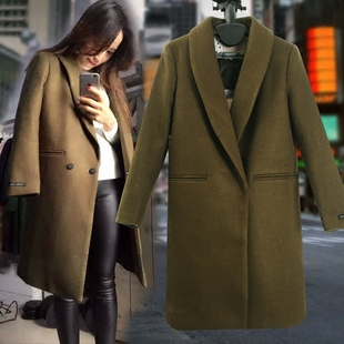 韩国毛呢外套女中长款加厚加棉2015冬新款暗扣军绿修身羊呢子大衣