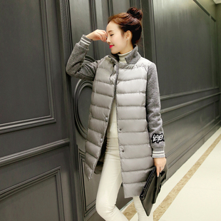 2015冬装新款女装韩版修身单排扣时髦中长款拼接棉衣