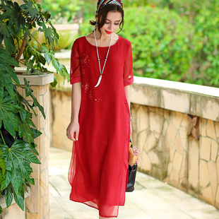 宣贝2016夏季新款红色真丝连衣裙 宽松大码中袖桑蚕丝中长款裙子
