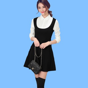 2016早春韩版女装长袖连衣裙衬衫领假两件修身纯棉雪纺A字拼接裙