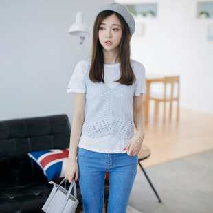 2016年夏季新品新款女装t恤女士精品圆领镂空常规韩版拼接短袖T恤
