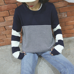 韩国单 甜美学院风复古撞色条纹套头针织衫毛衣女冬