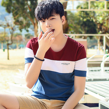 夏季韩版男士条纹圆领短袖t恤修身学生潮流简约半袖体恤男装衣服