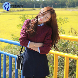 2015韩国代购秋冬新款时尚百搭气质麻花纹长袖短款针织套头毛衣女