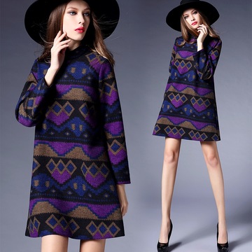 欧洲2015秋冬新款欧美时尚菱形格羊毛呢A字型连衣裙女装缪可同款