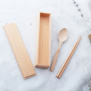 筷子木筷盒组盒装研木 日式创意木餐盒勺筷三件套装环保便携勺子