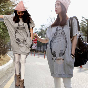 GWNZ2015韩国东大门代购新款 动画人物龙猫长款带兜卷边T恤女热卖
