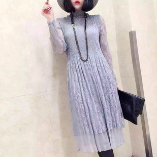 香g米拉2016春款女装新款韩版修身显瘦长袖蕾丝连衣裙女中长款潮