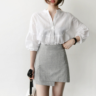 2016秋季韩版新款格子高腰半身裙不规则包臀一步短裙修身显瘦A字