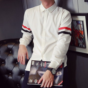 秋季时尚男士长袖衬衫韩版修身青少年学生印花薄潮男装休闲衬衣白