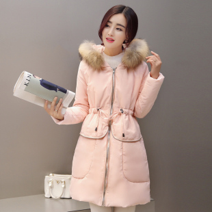 2015韩国冬装A字版棉服女中长款大码加厚收腰真大毛领棉衣外套