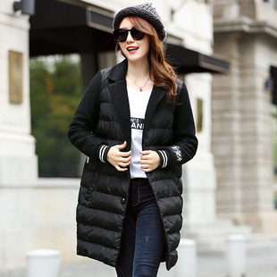 2015冬季新品女装韩版中长款显瘦翻领毛呢拼接袖棉衣棉服外套