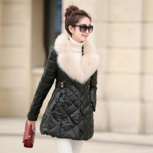 2015冬装新款韩版时尚大毛领棉衣女中长款修身显瘦PU皮棉袄外套潮