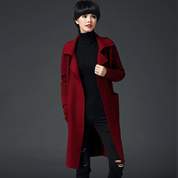 2015韩版新款女式中长款毛呢外套 羊毛加厚翻领纯色气质大衣女