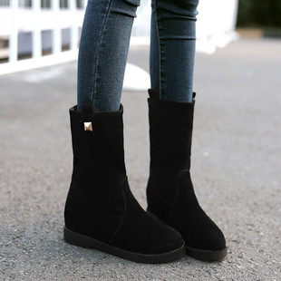 2015秋冬新品女靴子中筒靴平跟雪地鞋平底内增高黑色磨砂冬靴大码