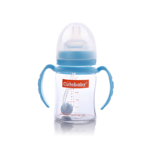 正品CUTE BABY婴幼儿用品奶瓶自动吸管带手柄宽口径晶钻玻璃150ml