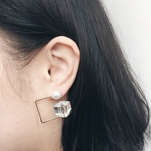 ANNHE Earrings极简珍珠透明方块立体造型耳钉耳饰韩国女时尚配饰