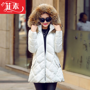 2015冬季保暖棉服女韩版连帽毛领中长款加厚棉衣外套宽松大码女装