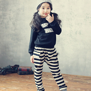 儿童套装韩版女童字母卫衣长袖T恤+条纹长裤加绒两件休闲运动套装