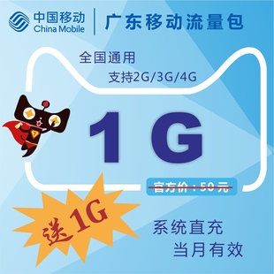 买一送一广东移动1G全国手机流量充值2G3G4g通用上网叠加油卡包