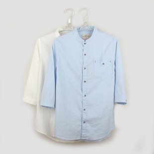 棉麻男七分袖夏季时尚个性中袖潮流衬衫圆领透气修身衬衣白蓝色