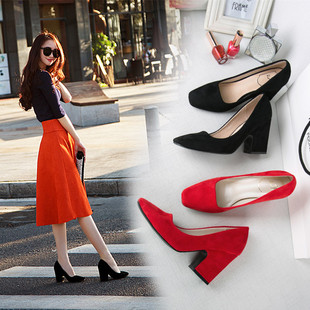 2016韩版新款粗跟高跟鞋方头浅口绒面时尚显瘦女单鞋性感红色婚鞋