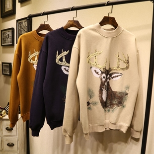 韩版休闲2015冬季保暖纯棉麋鹿印花长袖卫衣女套头加绒加厚打底衫