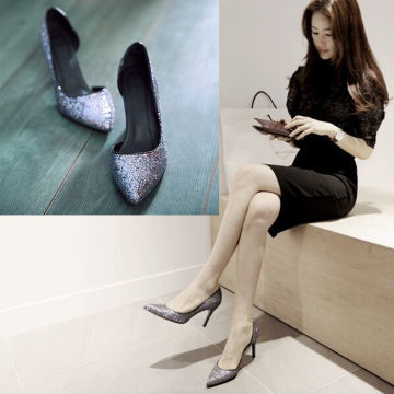2015春季新款韩版浅口尖头高跟鞋细跟银色高跟鞋女士婚鞋瓢鞋