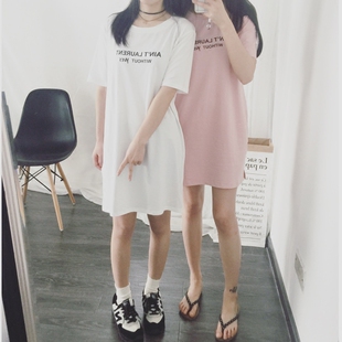 2016夏季新品纯棉T恤女短袖宽松中长款韩范学生纯色印花简约潮装