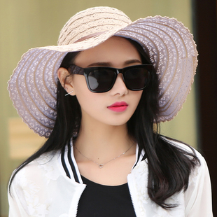 韩版时尚潮大沿草帽女夏季户外防晒遮阳帽防紫外线沙滩帽子女折叠