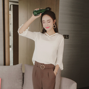 木衣柜2016韩版秋季新款圆领镂空五分袖针织衫女喇叭袖上衣打底衫