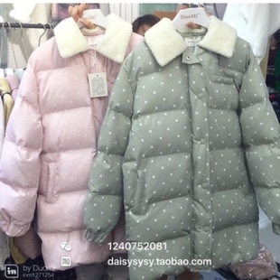 2015冬季韩版学院风可爱波点羊羔毛领翻领棉衣女外套加厚棉袄