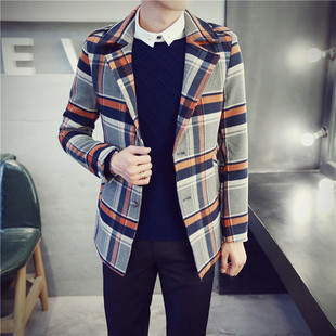 DA冬季男生新款男装格子气质韩版修身中长款呢大衣
