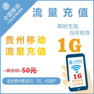 贵州移动全国1G通用手机冲充流量充值上网叠加油卡包当月有效