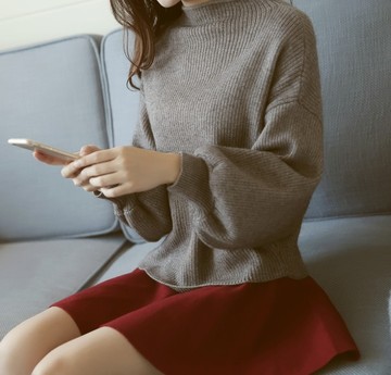 2015秋冬新款韩版女装灯笼袖套头针织衫宽松大码毛衣