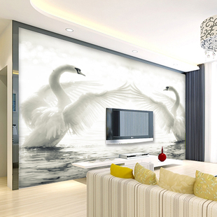 大型壁画壁纸墙纸 浪漫天鹅湖简洁时尚婚房客厅沙发电视背景墙